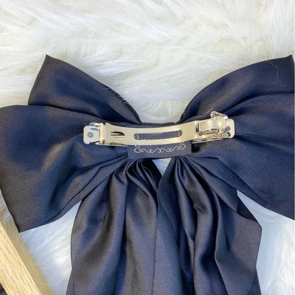 Big Hair Bow Satin Ribbon 🎀 Clip On Black Long Bow Goth Dark Punk - Picture 4 of 7